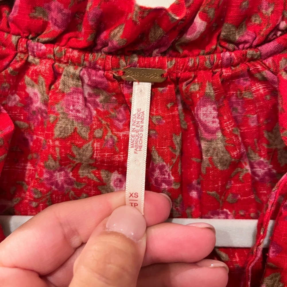 Free People Red Floral Ruffled Button-Front Blouse - Picture 3 of 7